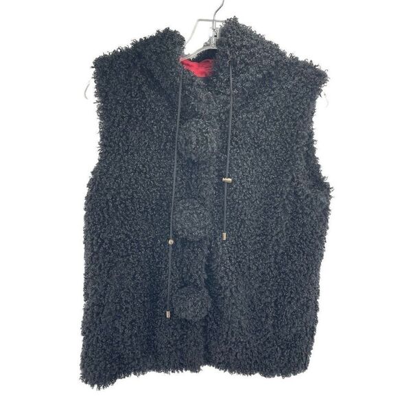 Montanaco Womens Hooded Vest Sherpa Pom Pom Drawcord Polyester Black Size Medium - Picture 1 of 8